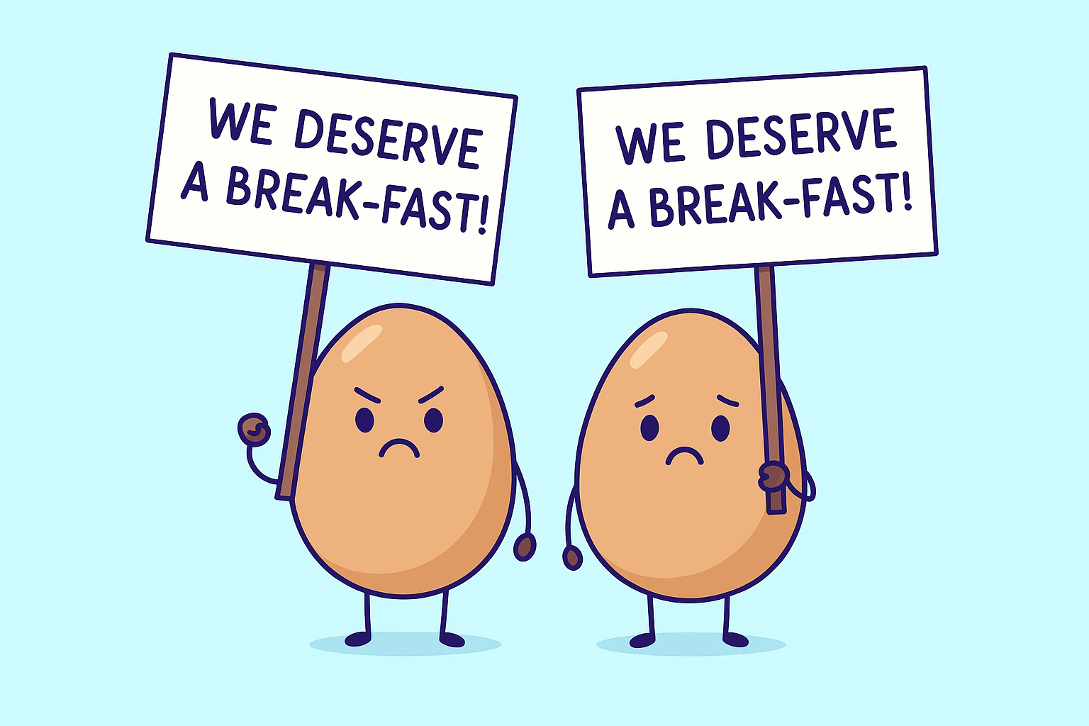 Cartoon eggs protesting with 'We deserve a break-fast' signs